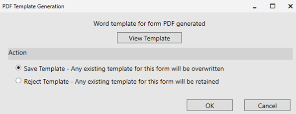 Picture showing the PDF Template Generation Dialog Box. 